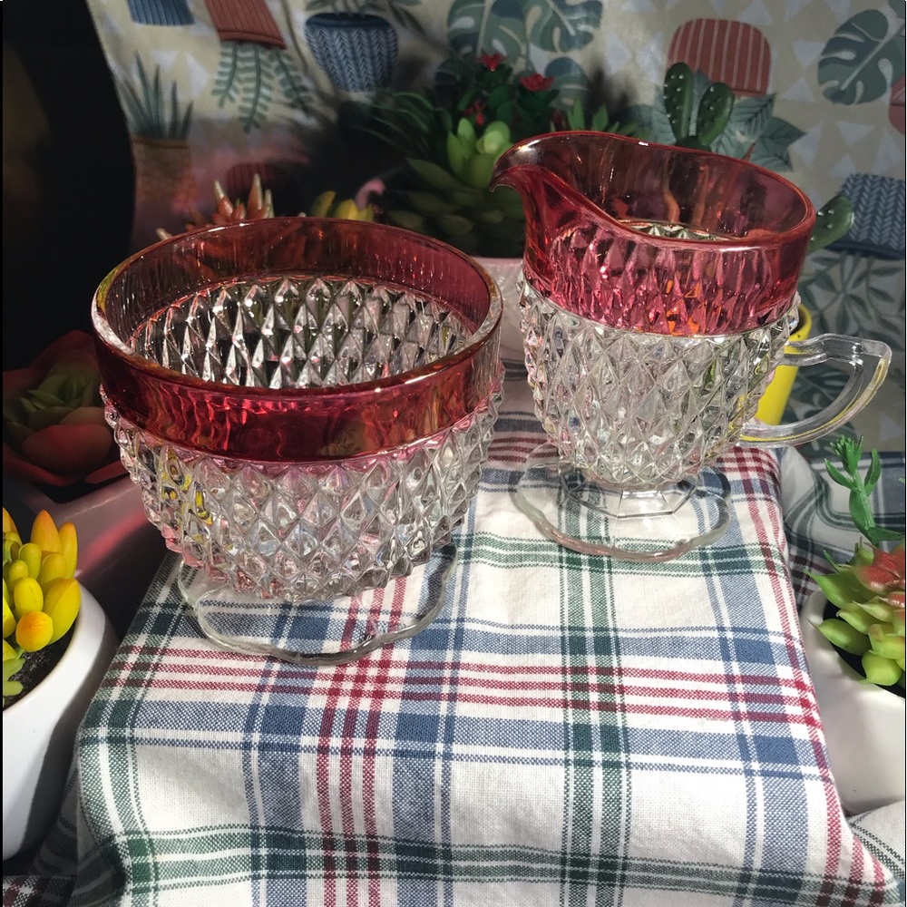 🛑🛑Vintage Indiana Glass Diamond Point Cranberry/Ruby Flashed Creamer & Sugar